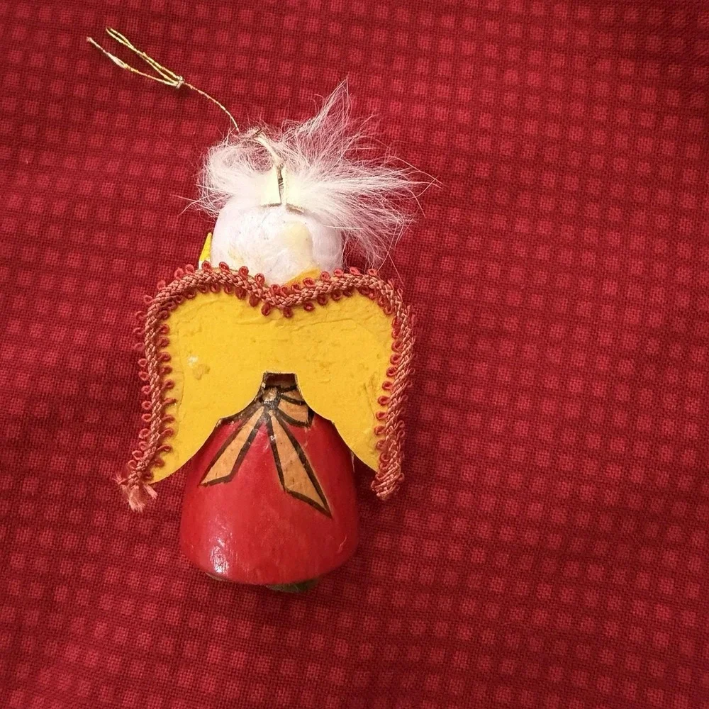 Vintage Handcrafted Wooden Angel Christmas Ornament Strawberry Folk Art